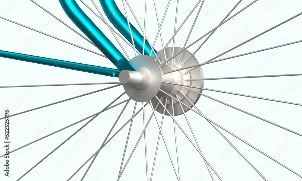 Metellic spokes of the bicycle wheel. 3d render on the topic of bicycles, cycling, spare parts, shop. Modern minimal style.
