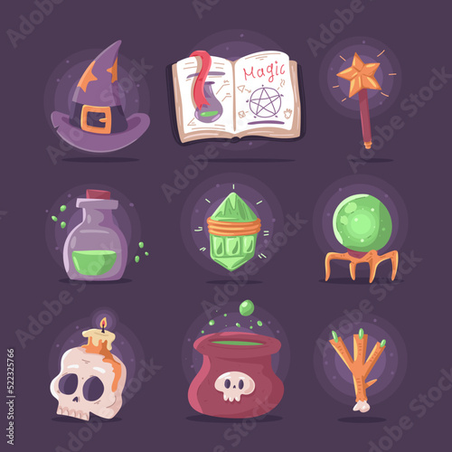 Wizard, artifacts and magic elements vector cartoon set isolated on background.