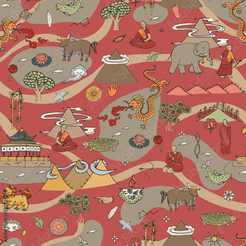 Tibet China travel destination objects vector seamless pattern