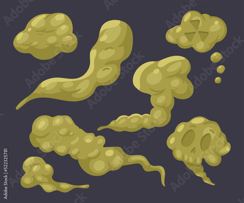 Green stinky clouds, smog and fart vector cartoon set isolated on background.