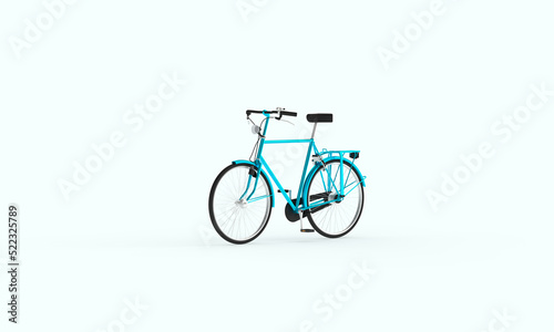 Blue, metal bike on a blue background. Minimal style. 3d render on the theme of bicycles, shops, outdoor activities, spare parts.