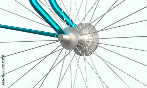 Metellic spokes of the bicycle wheel. 3d render on the topic of bicycles, cycling, spare parts, shop. Modern minimal style.