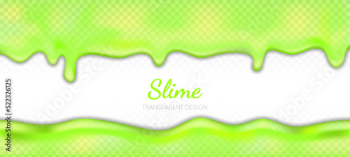 Neon green drip oozing slime backdrop. Flowing green sticky liquid. Molten paint drips and flows. Vector illustration with toxic drop on horizontal border background for web site banner.