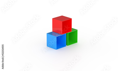 Blue, red, green cubes on a white background. Abstract, minimal style of geometric shapes. 3d render.