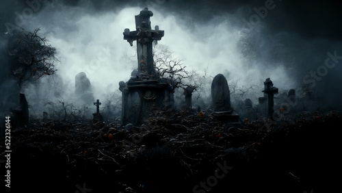 3D illustration of a Halloween concept dark background of a castle and graveyard. Horror background In foggy weather. Happy Halloween