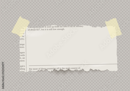 Vector horizontal piece of newspaper with adhesive tape on transparent background. 