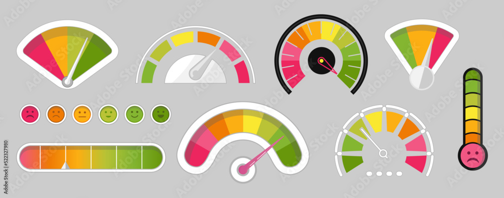 Credit score icon set vector. Bank indicator of client credit history from bad to good. Payment history measurement