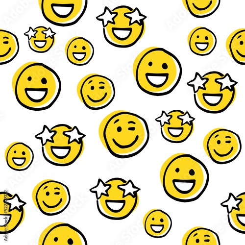 Emojis, emoticons, feelings. Seamless pattern, fun print in 3 colors black, white and yellow. Hand-drawn faces, texture background design backdrop. Social media online communication, web conversation.