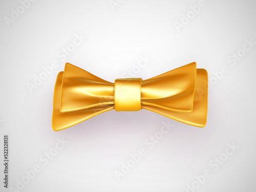 Golden 3D bow tie on white background. Symbol of business success and prosperity. Bow tie - gentleman or businessman clothing accessory for ceremony. EPS 10, vector illustration.