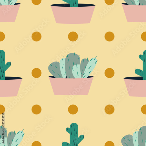 Seamless pattern with cacti in a pot. Vector texture for fabric print, packaging, label of cactus alcoholic drinks