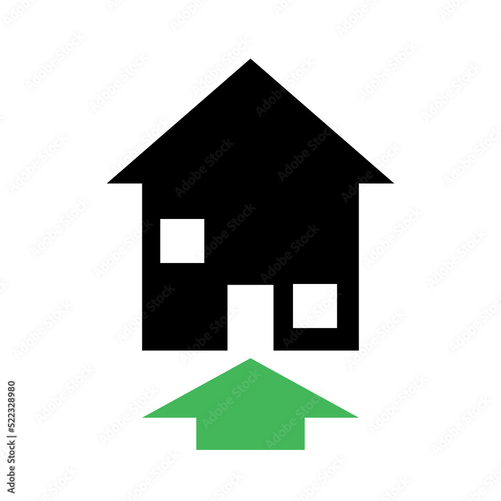 house icon with upwards arrow showing increase. black house silhouette with green up arrow. vector illustration symbol house icon with upwards arrow showing increase. black house silhouette with green up arrow. vector illustration symbol