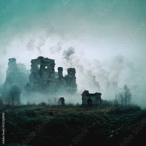 Ruined house in the fog or smoke picture. Moody horror place concept