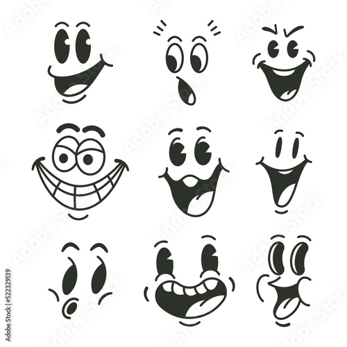 Vintage cartoon face emotions vector set isolated on a white background.
