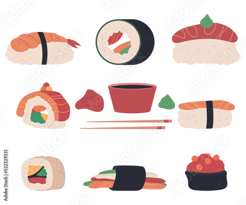 Sushi vector cartoon japanese food set isolated on a white background.