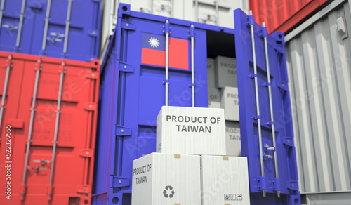 Cartons with goods from Taiwan and shipping containers in the port terminal or warehouse. National production related conceptual 3D rendering