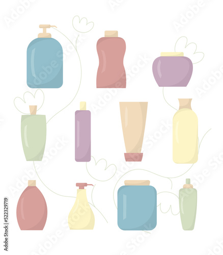 Set of vector color cosmetic bottles in Flat style on a white background. Collection of different forms and types container