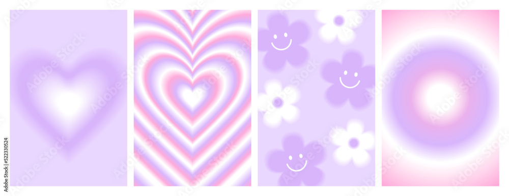 Y2k blurred gragient posters. Heart, daisy, flower, abstract geometric shape in trendy 90s, 00s psychedelic style. Holographic vector background. Lilac, pink pastel colors. - obrazy, fototapety, plakaty 