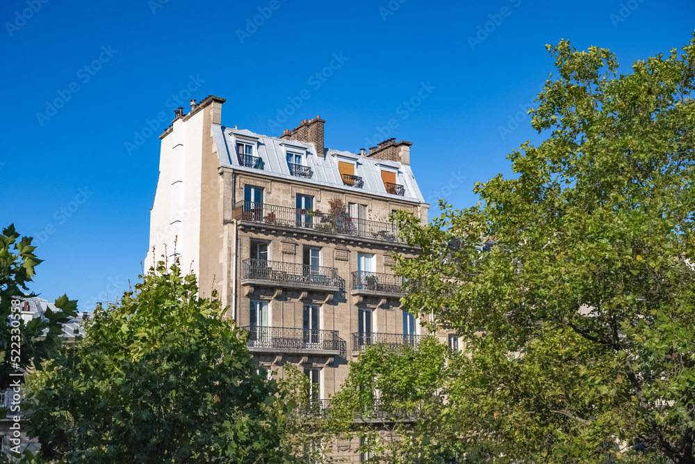 Paris, beautiful buildings, view from the coulee verte Rene-dumont in the 12th district, footpath
