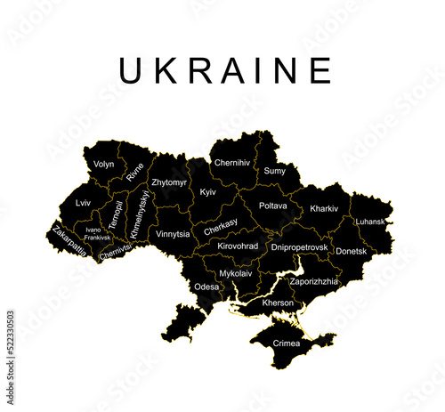 Editable Ukraine map vector silhouette illustration isolated on white background. Europe country. Ukraine line contour map territory with separated borders of provinces.
