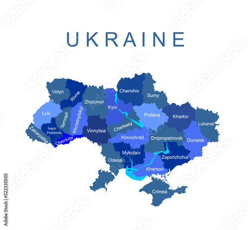 Editable Ukraine map vector silhouette illustration isolated on white background. Europe country. Ukraine line contour map territory with separated borders of provinces.