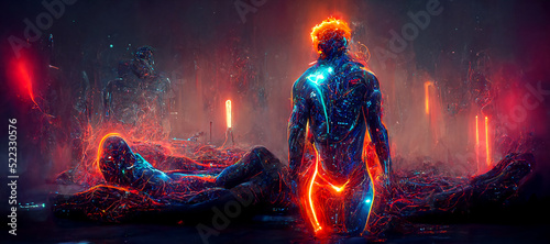 Obraz na płótnie sci-fi concept showing a cyborg male recovering energy Digital Art Illustration