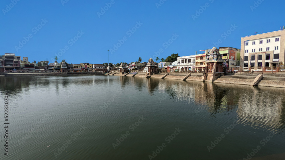 Pond surrounded by temples in Kumbakonam, Tamil Nadu, India