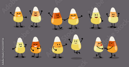 Set of Candy Corn characters. Funny merry dancing Halloween candies, sweets. Flat, cartoon, vector