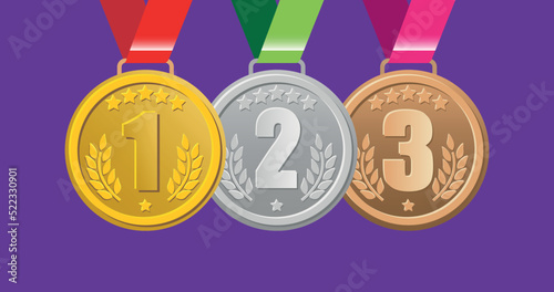 1st 2nd and 3rd place medals. Vector design. Gold, silver and bronze medals. Events and sports competition. Winning athlete