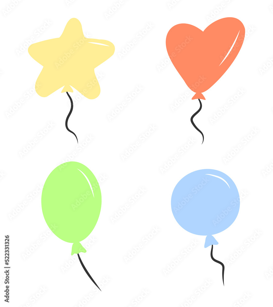Simple doodle air balloon icon set isolated on white background. Heart, star and circle shape. Flat cartoon silhouette. Birthday party greeting card template. Simple doodle air balloon icon set isolated on white background. Heart, star and circle shape. Flat cartoon silhouette. Birthday party greeting card template.