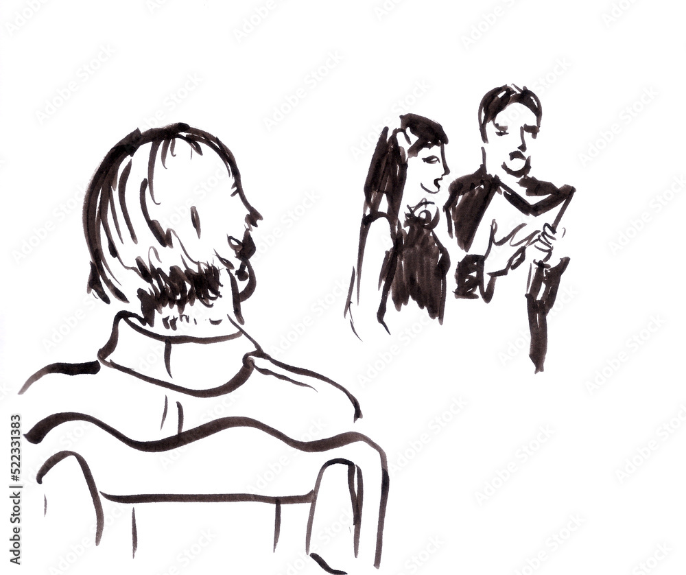 performance of opera singers at a concert, graphic black and white drawing performance of opera singers at a concert, graphic black and white drawing