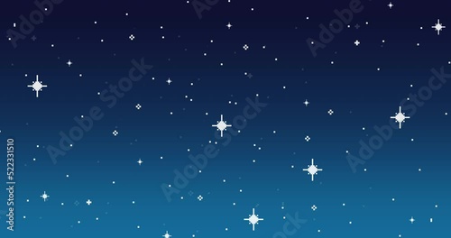 Starry sky, pixel background with stars. Pixel art for game, 8 bit. Seamless looping animation