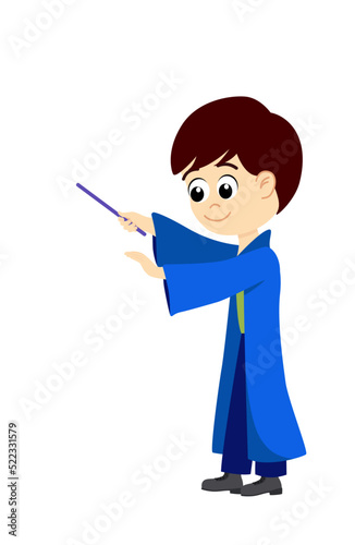 Wizard. Boy is enchanting by magic wand. Flat, cartoon, vector
