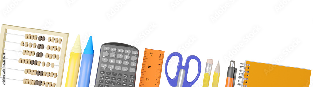 school and office supplies frame edge decoration isolated cutout 3d illustration includes pencils, calculator, ruler, pen, note book school and office supplies frame edge decoration isolated cutout 3d illustration includes pencils, calculator, ruler, pen, note book