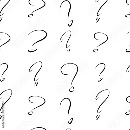 Seamless pattern of question marks with a black line on a white background. Symbolizes an idea, an answer, a doubt, a problem, a riddle, a puzzle. Illustration for scientific research, questionnaire.