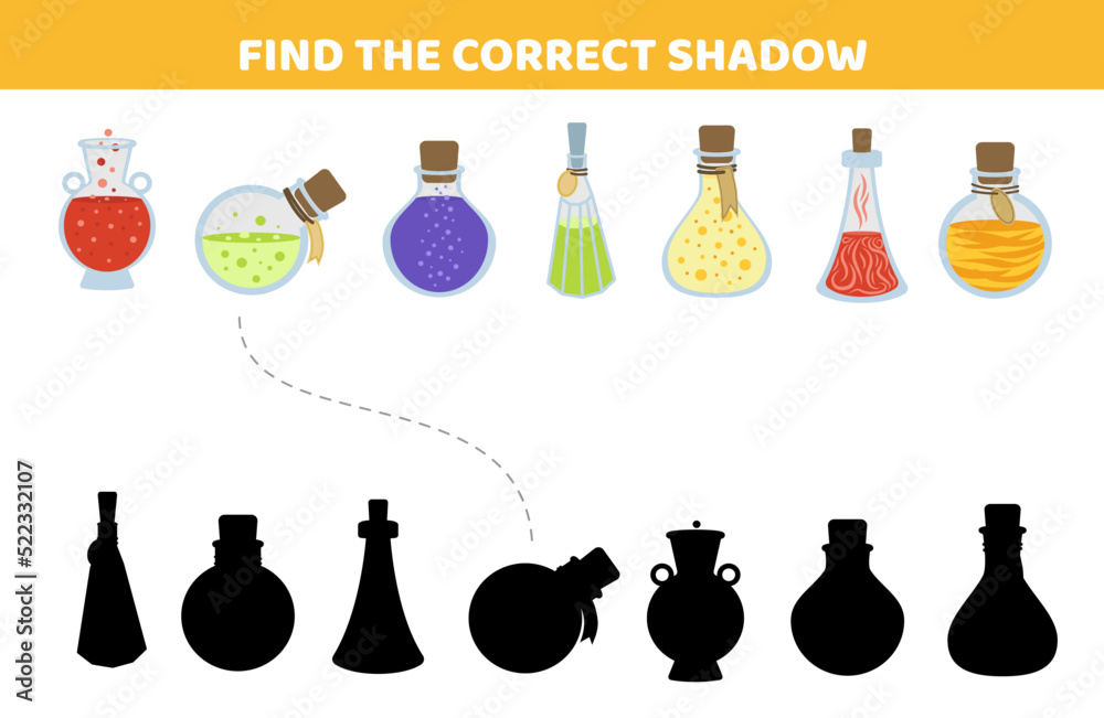 Bottles of potion. Find the correct shadow. Halloween. Shadow matching game. Cartoon, vector