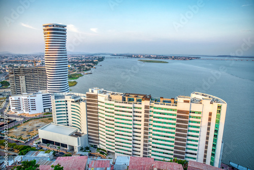 Guayaquil, Guayas, Ecuador - November, 2013: Luxurious and expensive residential apartments with a Guayas river view, that are right next to the Cerro Santa Ana (Saint Ana Hill), close to sunset.