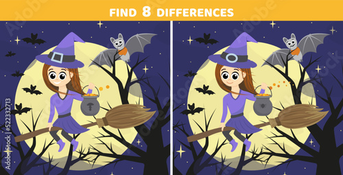 Find 8 differences. Witch on broom. Halloween game. Flat, cartoon, vector