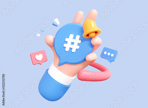 3D Hand holding Hashtag in social media. Search popular tag in network. Internet marketing and promotion. Trend comment concept. Cartoon creative design icon isolated on blue background. 3D Rendering