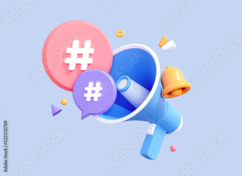3D Megaphone with Hashtags and bell notification. Loudspeaker for announce promotion in social media and network. Cartoon creative design icon concept isolated on blue background. 3D Rendering