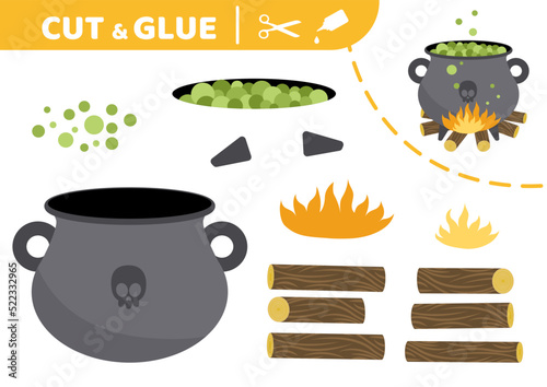 Witch cauldron. Cut and glue. Halloween. Application work. Paper game. Vector