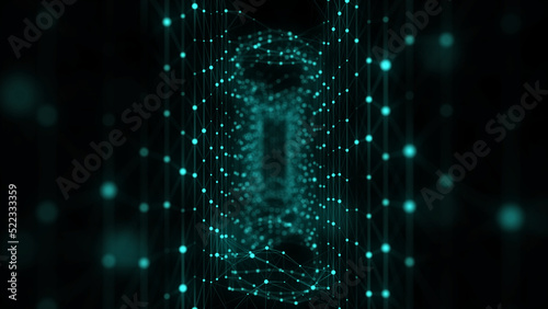Abstract 3d portal. Square tunnel or wormhole. Digital background with connected green dots. 3d rendering.