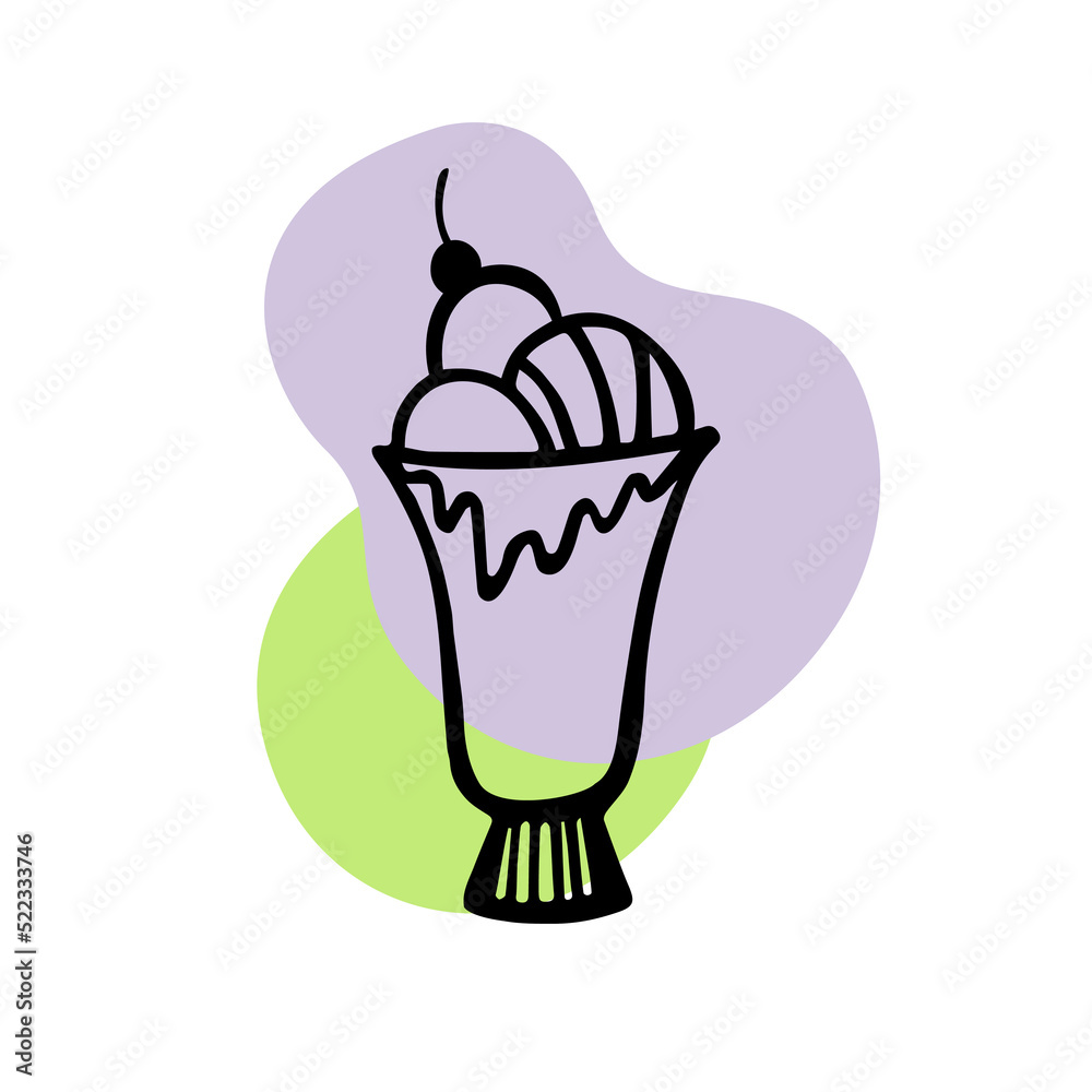 Ice cream sundae line. Sundae with three balls with cherry with green and purple spots on a white background. Cute ice cream doodles. Hand drawn vector illustration.