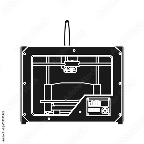 3D printer vector technology design icon solid black. Engineering manufacturing model from plastic and industry concept symbol. Innovation business illustration and print machine prototype