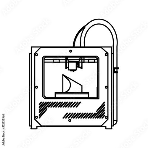 3D printer vector technology design icon outline. Engineering line manufacturing model from plastic and thin industry concept symbol. Innovation business illustration and print machine prototype