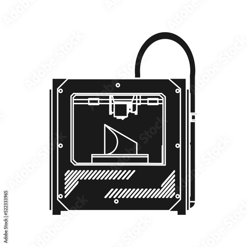 3D printer vector technology design icon solid black. Engineering manufacturing model from plastic and industry concept symbol. Innovation business illustration and print machine prototype