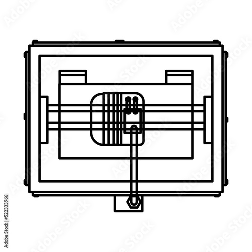 3D printer vector technology design icon outline. Engineering line manufacturing model from plastic and thin industry concept symbol. Innovation business illustration and print machine prototype