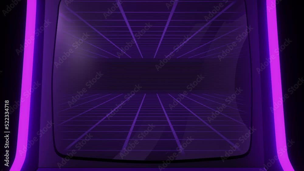 Arcade game machine intro, 3D graphics animation template. Zoom in to the screen of a videogame, with a retro, purple neon aesthetic