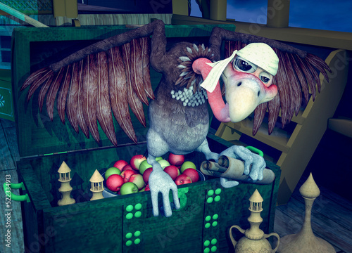 avvoltoio pirata su forziere del tesoro  contenente un cesto di mele photo
