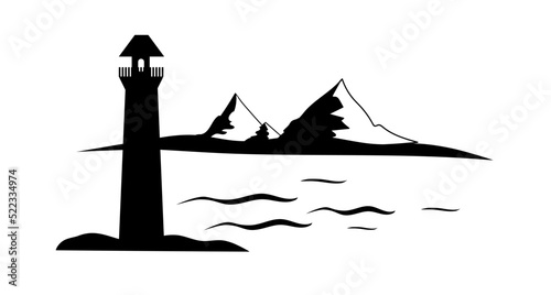 Silhouette of a lighthouse on a background of mountains.