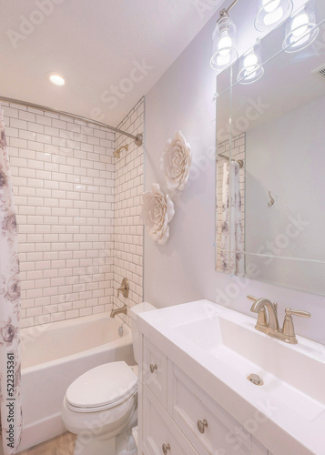 Vertical Traditional bathroom with white floral theme and tub shower with subway tiles surround